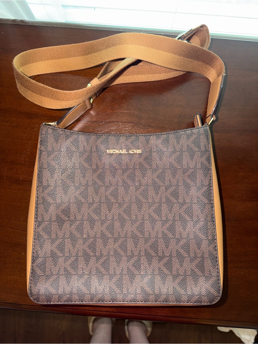 Michael Kors Brown MK Signature Messenger Bag with Tan Trim